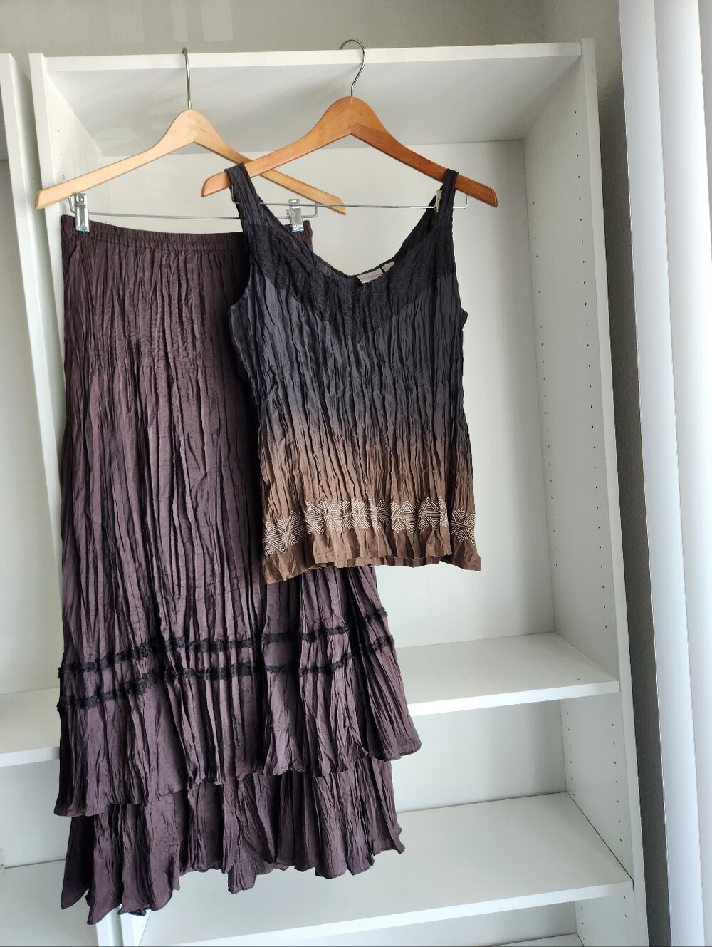 Boho Tiered Maxi Skirt and Embroidered Ombre Tank Set - Brown